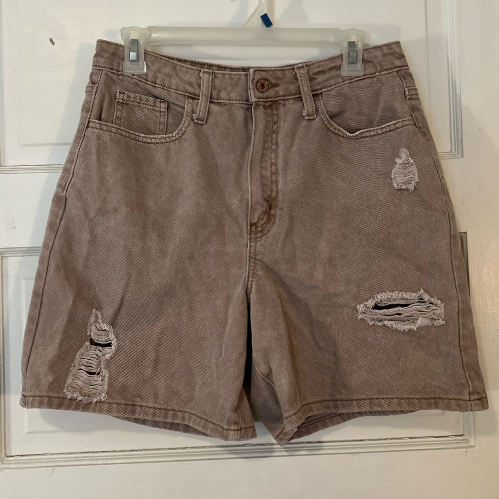 Y2K Distressed Tan Denim Shorts – High Rise Vintage Wash Summer (Size 8/29)